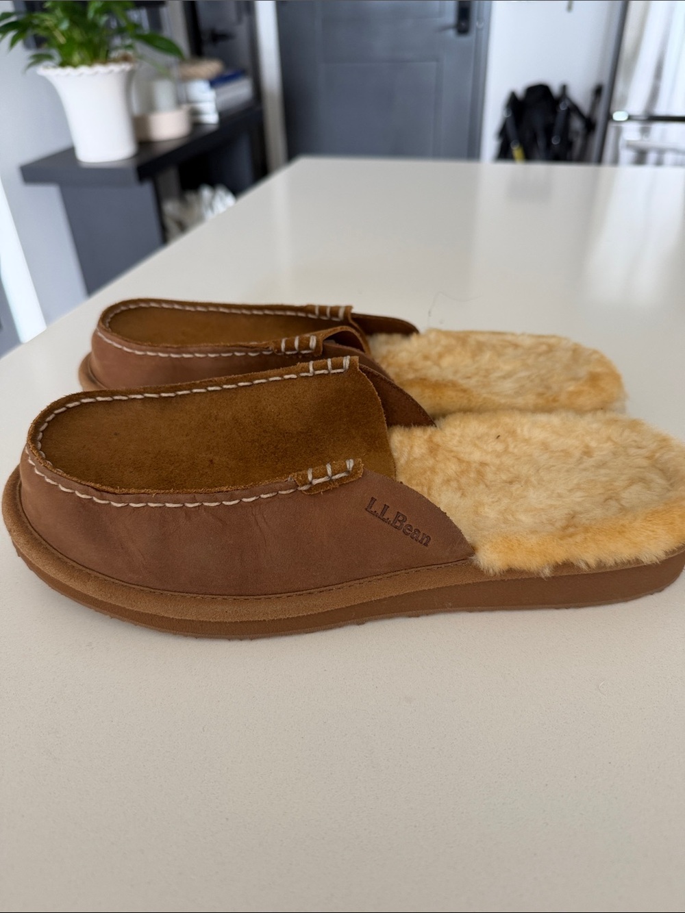 L.L. Bean Brown Suede Shearling Slip-Ons - Picture 2 of 8
